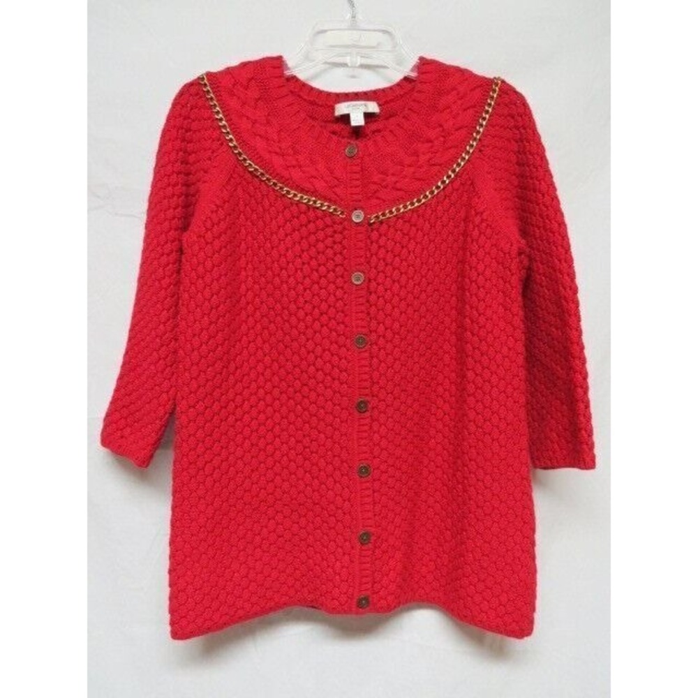 Liz Clairborne Chic Red Textured Chain Collar‎ Cardigan Sweater 3/4 Sleeve Small